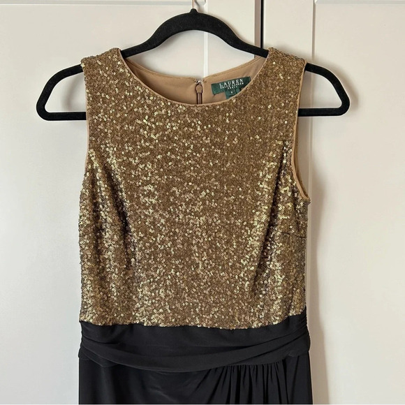 Lauren Ralph Lauren Women’s Size 6 Dress Brass Tone Sequin Faux Wrap Skirt Party - Picture 3 of 9